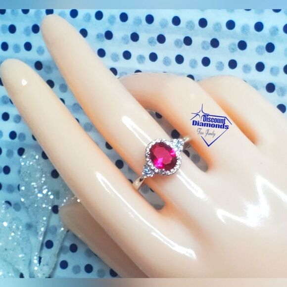Oval Red Ruby Ring with Clusters of White Baguette Diamonds on 925 Silver - Picture 3 of 10